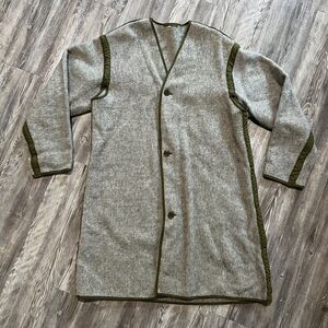 Vintage Military Quilted Wool Field Liner Coat Gray Olive Trim Long Overcoat